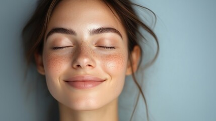Naklejka premium A close-up portrait of an attractive woman with closed eyes and a smile, showcasing her glowing skin against a soft gray background. 