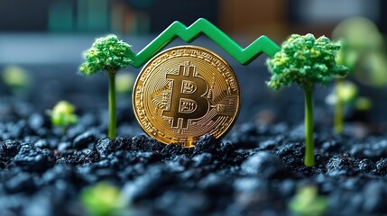 Bitcoin's price in the cryptocurrency market grows, represented by a golden coin growing on a plant with a green upward arrow.