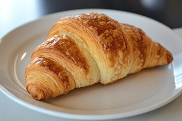 Buttery Croissant on a White Plate Isolated on Clean Background