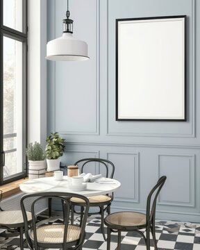 Empty frame mockup on a blue wall above a round dining table with chairs in a modern. minimalist style dining room