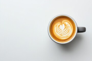 Warm coffee cup showcases intricate latte art on smooth surface