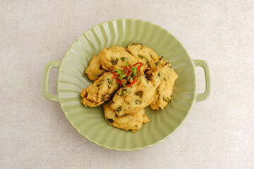 Perkedel Tahu, Made from mashed tofu, tapioca flour, spring onion, egg, salt and pepper. Indonesian food
