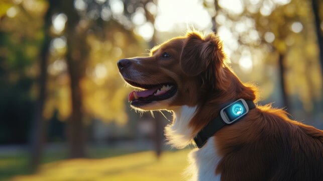 A smart pet collar with activity tracker, park with dog wearing collar tracking steps, Pet-tech style