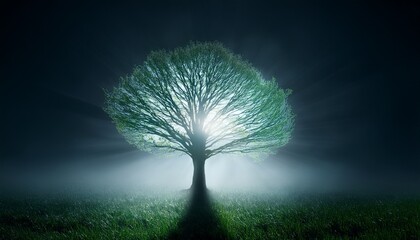 A glowing tree stands alone in a dark, foggy field, its shimmering leaves casting radiant light that pierces through the mist, evoking mystery, hope, and quiet wonder.
