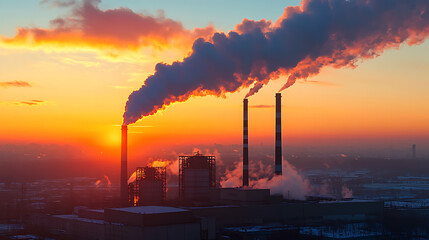 Smoke rising from a factory chimney at night with a power plant in the background, silhouetted against the sunset sky, highlighting pollution and industrial energy