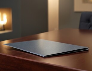 A sleek dark folder rests on a polished wooden desk in a modern office setting.