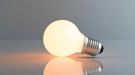 A glowing lightbulb resting on a clean, flat surface with soft reflections. picture
