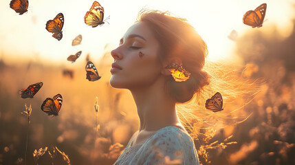 Silhouette of a woman in a field at sunset with a romantic and peaceful atmosphere