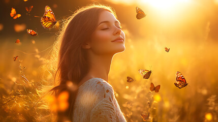 Silhouette of a woman in a field at sunset with a romantic and peaceful atmosphere