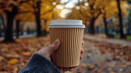 A hand holding a disposable coffee cup in an autumn park scene