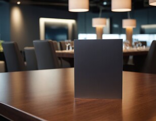 A minimalist restaurant table setting with a blank menu in focus, surrounded by elegant lighting.