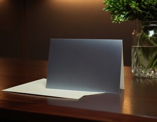 Fototapeta premium Elegant blank card and envelope on a wooden table, perfect for personal messages or invitations.