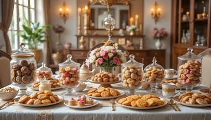 A beautifully arranged table filled with various traditional Eid cookies and sweets, creating a warm and festive atmosphere