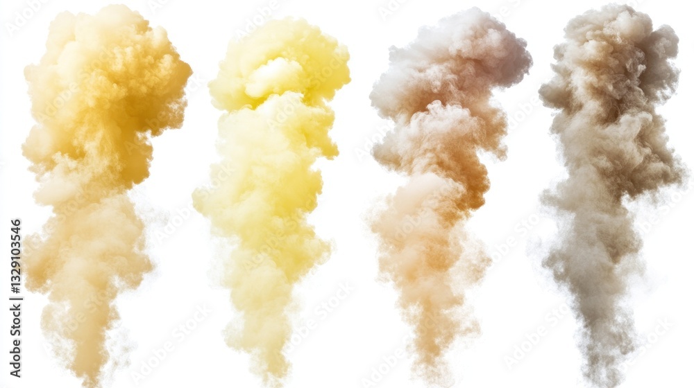 Poster four vertical columns of colorful smoke plumes isolated on white background.