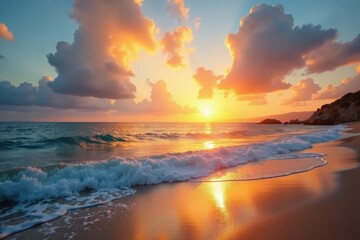 Golden sunrise paints sky, reflecting on tranquil ocean waves lapping sandy shore , golden hour, landscape, seascape