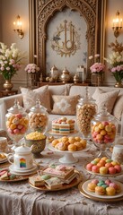 A beautifully arranged table filled with various traditional Eid cookies and sweets, creating a warm and festive atmosphere