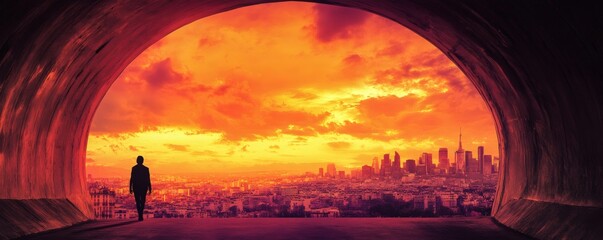 Fototapeta premium A silhouette walks towards a city skyline under an orange sky