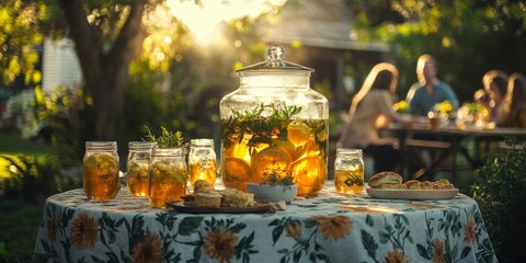 Iced tea and biscuits served for garden party at sunset