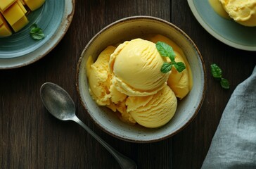 Scooping Mango Ice Cream Into Bowl with Fresh Mint Garnish