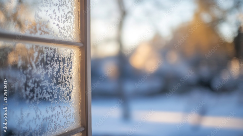 Poster frost patterns on window pane, blurred winter landscape background.