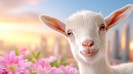 Obraz premium Adorable White Goat Kid Amidst Pink Flowers and City Skyline at Sunrise