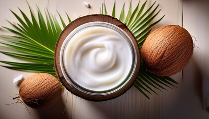 coconut milk and coconut on the wooden background 