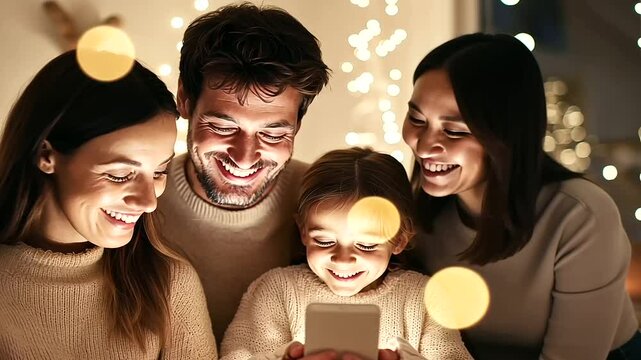 Family tracking package on phone in cozy living room excitement