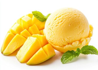 Delicious Mango Ice Cream Scoop with Fresh Fruit Pieces and Mint