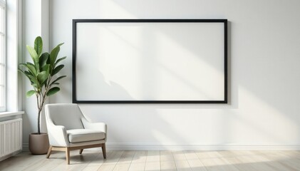 Modern black frame on white wall, subtle drop shadow Interior context suggested , blog design, interior mockup, branding
