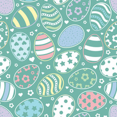 Happy Easter Vector Greeting Design Element. Decorative Easter Eggs Seamless Pattern. Decorated and painted eggs texture. Repeatable Endless Flat Style Design in Creative Pastel Colors. 