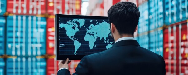 Import Tariffs economy costs concept. Businessman analyzing global data amidst shipping containers.
