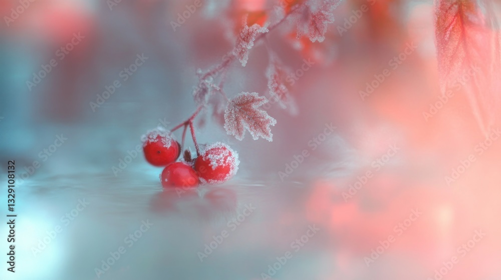 Poster frosty red berries on a branch with frost-covered leaves, reflected in a blurry surface.