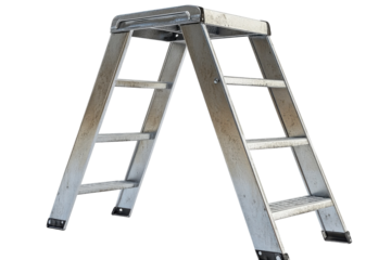 A Weathered Metal Stepladder Stands Ready For Work, Its Sturdy Frame Promising Safe Ascent, Hinting At Tasks Accomplished And New Heights Yet To Reach A Metallic Grey Tone Dominates The Image Isolated