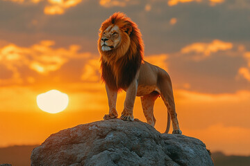 Majestic lion stands proud against sunset backdrop