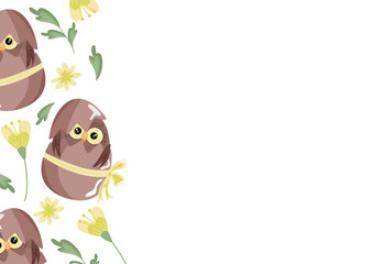 poster template with an icon of a brown owl sitting in a brown egg with a bow and colorful flowers, design for Easter decorations