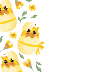 poster template with icons of a yellow giraffe sitting in a yellow egg with a bow of colorful flowers, design for Easter decorations
