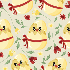 seamless pattern with icons of a yellow chicken sitting in a yellow egg with a bow and colorful flowers on a yellow background, design for Easter decorations