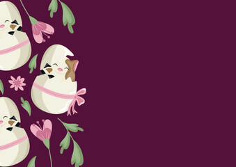 poster template with icons of a spotted cat sitting in a white egg with a bow and colorful flowers on a pink background, design for Easter decorations