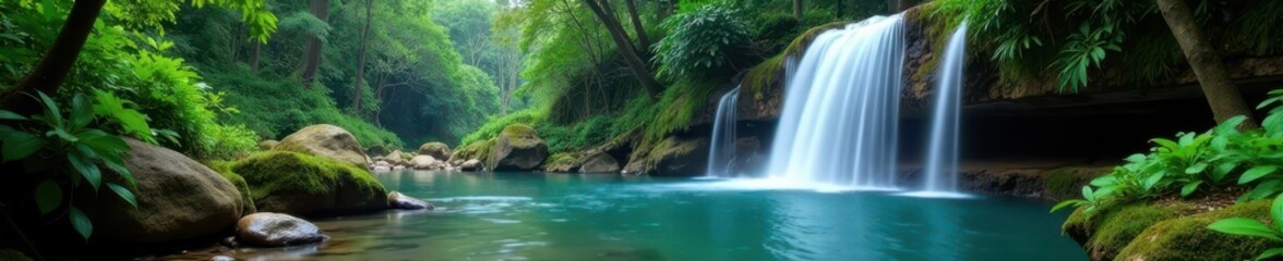 Fototapeta premium Serene waterfall's cascade fills tranquil jungle pool, cascade, energy, peaceful scene