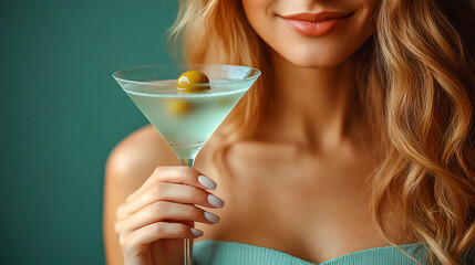 A girl holding a martini glass. Only the upper part of her body is visible, including part of her face, hair, shoulders and arm. An olive is floating in a martini glass.