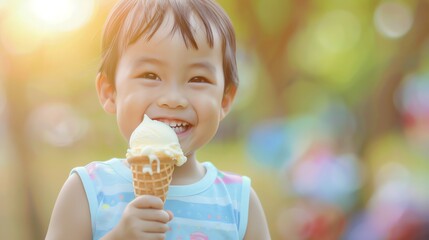 A little boy with a big smile eats a melting ice cream cone.