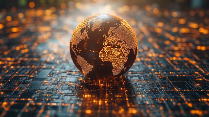A globe glowing with orange light, standing on a surface resembling a computer motherboard, also highlighted in orange.