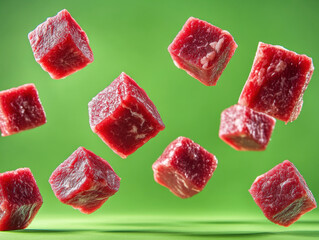 Freshly cut cubes of meat floating above a vibrant green background