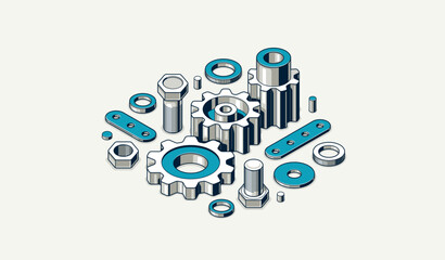 Industry and manufacturing concept, gears and cogs composition isometric 3D vector illustration, cogwheels system technology and technics machinery engine.
