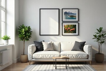 Fototapeta premium Sleek black metal rack holds empty picture frames, modern apartment , home, room, decor