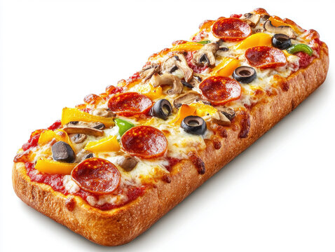 Delicious rectangular pizza topped with pepperoni and vegetables