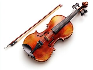 Obraz premium Beautiful wooden violin with bow placed elegantly on white background