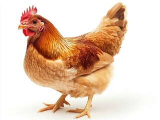 Fototapeta premium Bright feathered hen standing proudly on a white backdrop