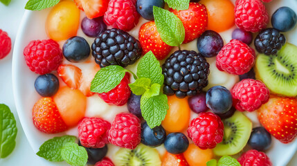 Obraz premium Colorful assortment of fresh fruits served in a bowl with mint leaves, perfect for a healthy breakfast or snack option