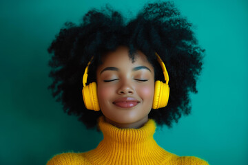 Close-up portrait of a young Black woman with voluminous natural afro hair, wearing bright yellow headphones and a mustard-colored turtleneck sweater 